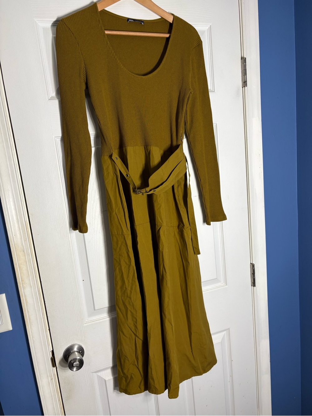 Zara Olive Long Sleeve Belted Maxi Dress